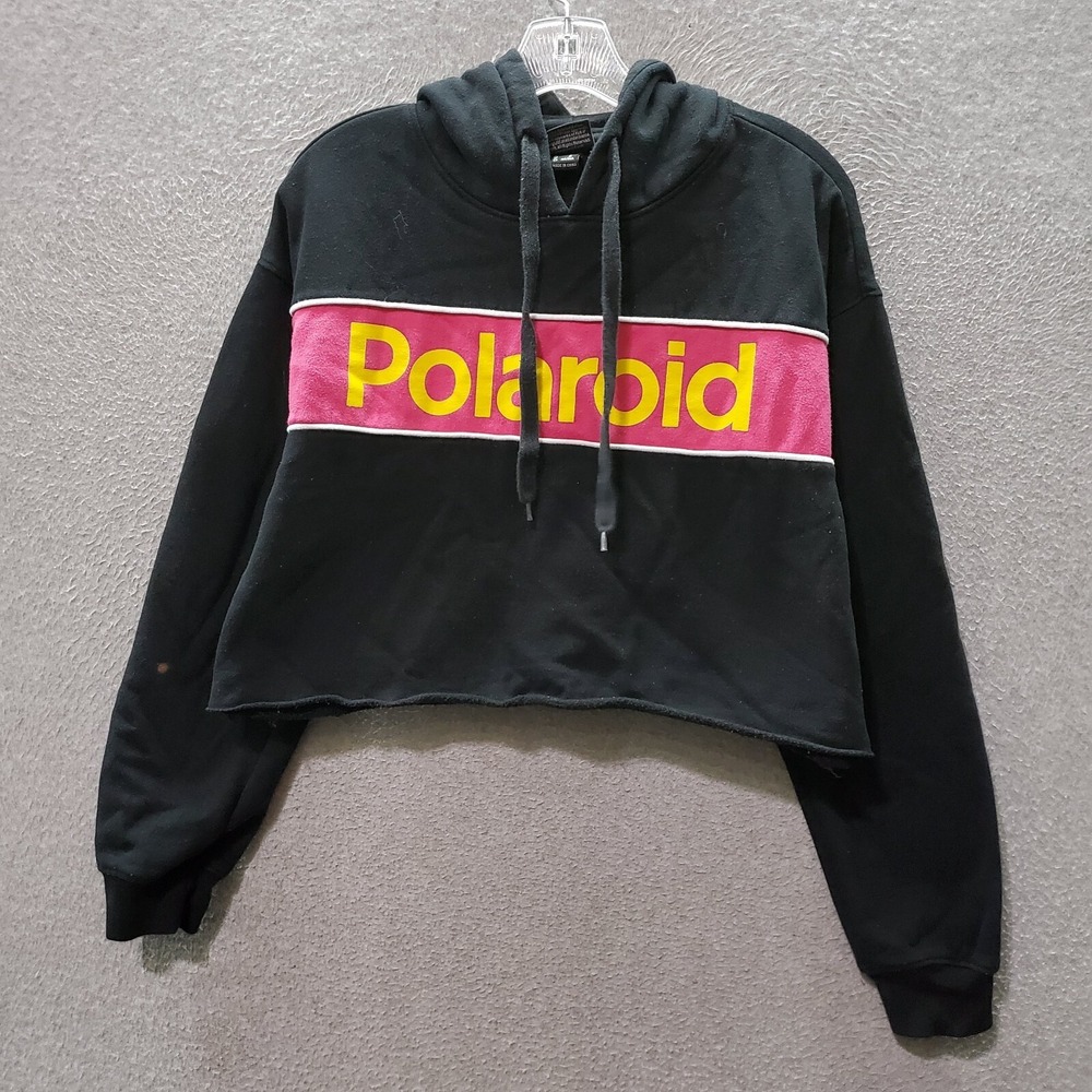 Polaroid Women Sweatshirt Medium Black Hoodie Cropped Logo Graphic Fleece READ
